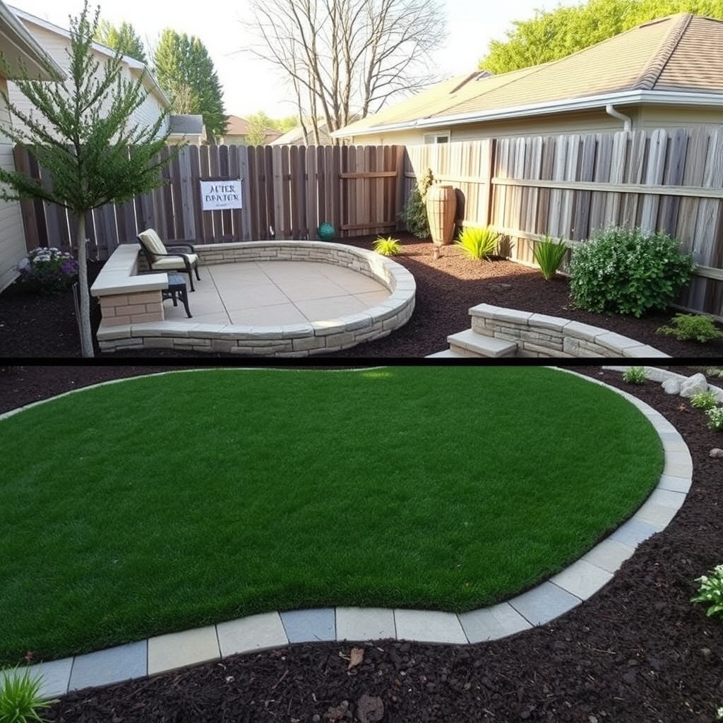 Illustrative after image: the same backyard with a new paver patio, stone retaining wall, fresh sod and mulched planting beds