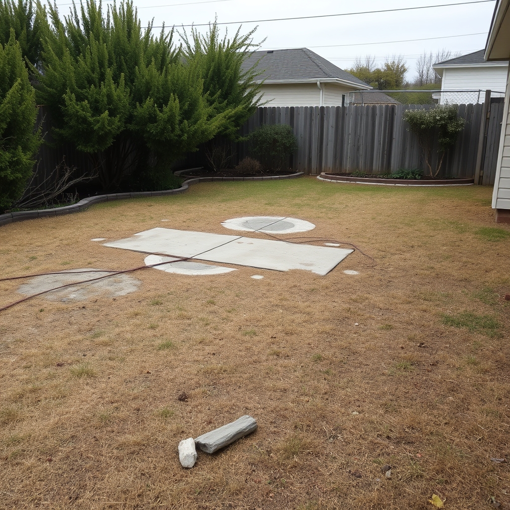 Illustrative before image: a neglected backyard with patchy weedy lawn, a cracked concrete slab patio and overgrown shrubs