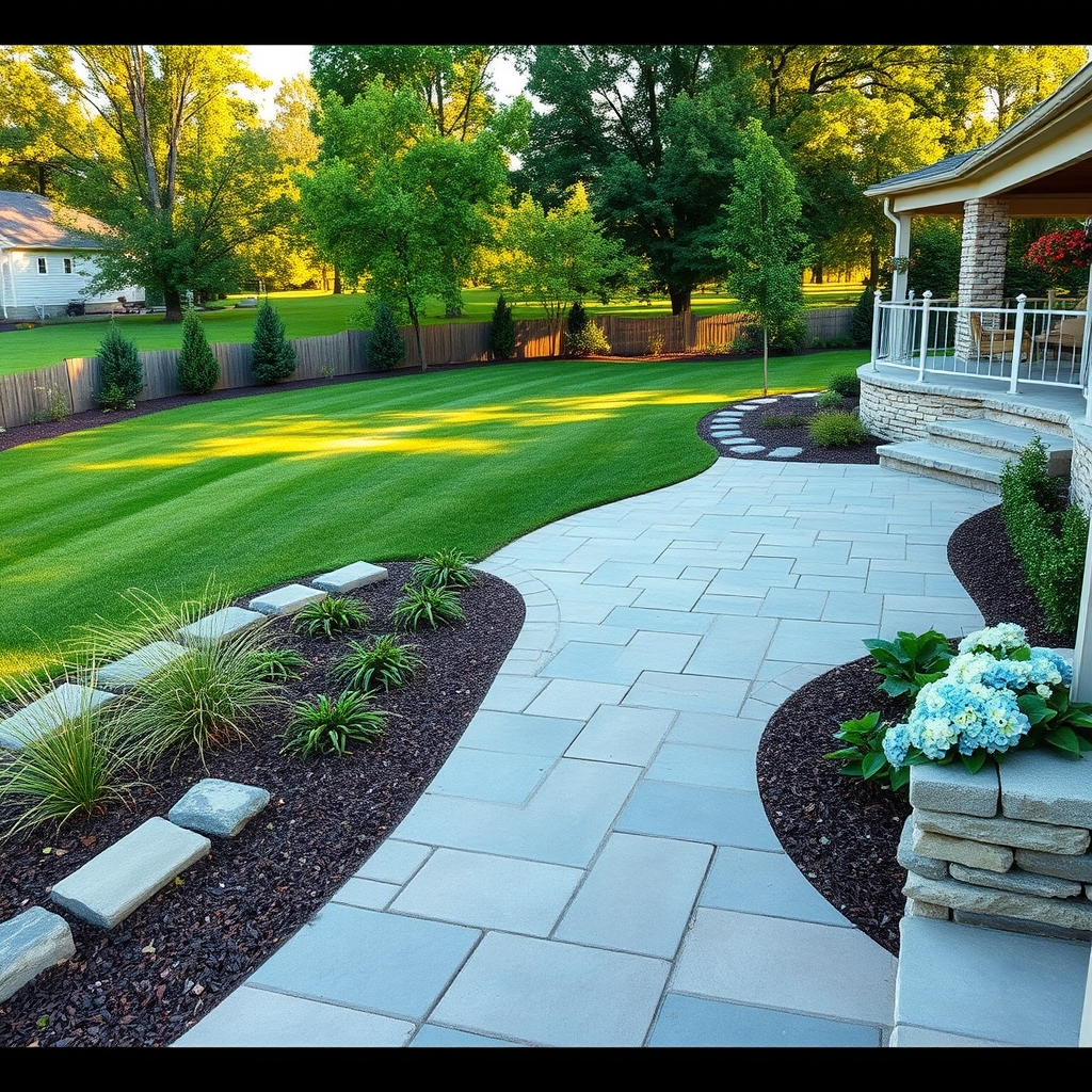 A landscaped backyard with a flagstone paver patio, stone retaining wall and manicured green lawn