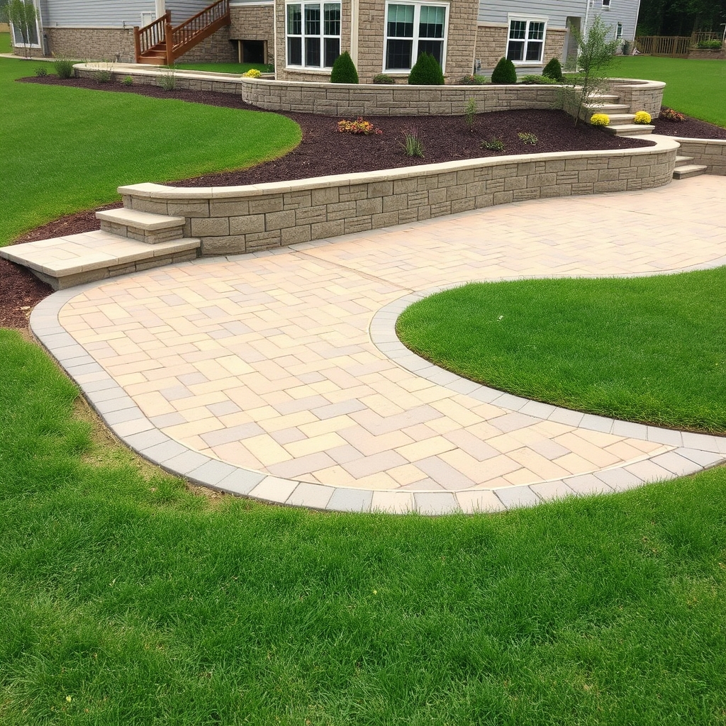 A newly installed paver patio and walkway leading to a block retaining wall