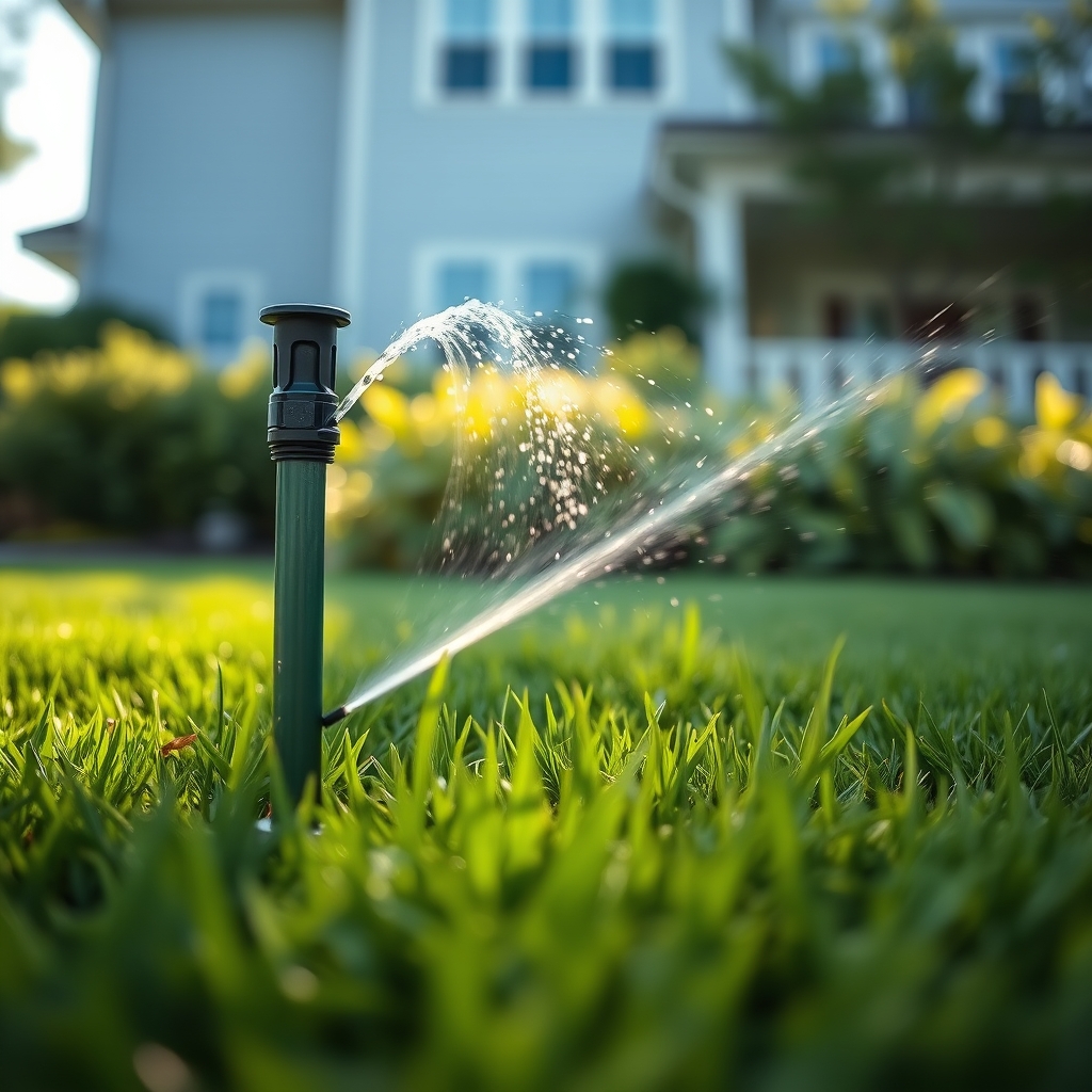 A pop-up sprinkler head spraying an arc of water across a healthy green lawn