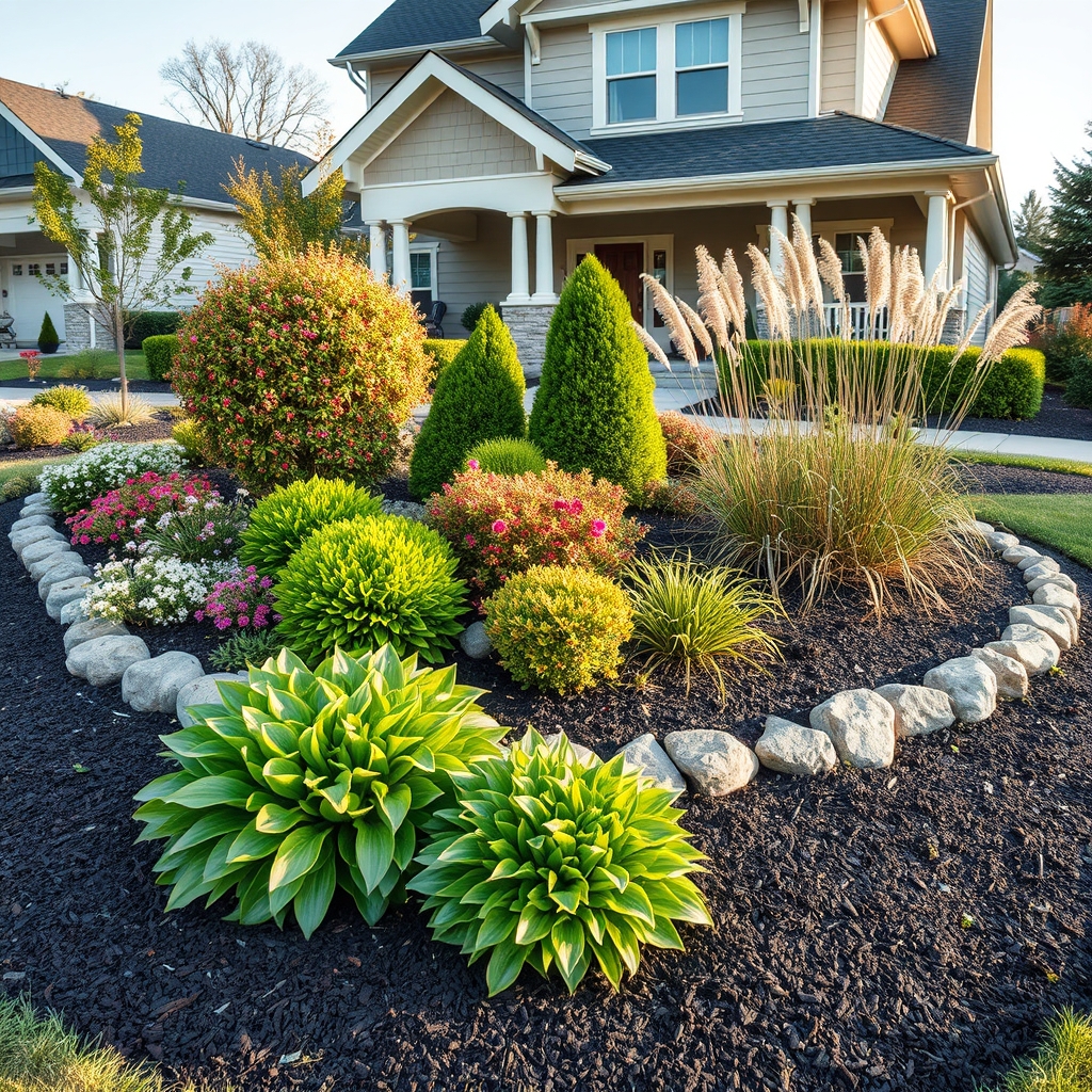A designed front yard bed with layered perennials, shrubs, stone edging and fresh mulch