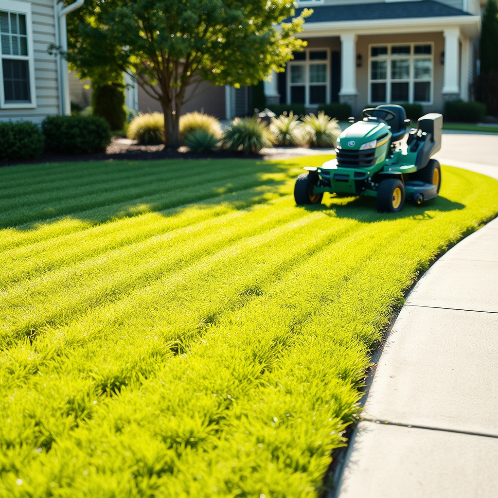 A freshly mowed residential lawn with crisp mower stripes and clean edging along a walkway