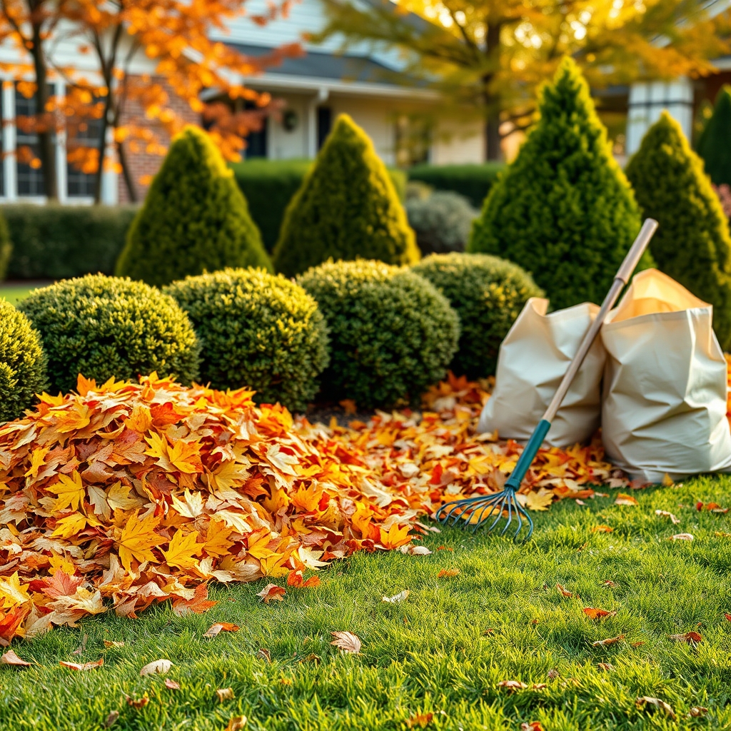 Neatly raked piles of fall leaves on a green lawn beside trimmed shrubs